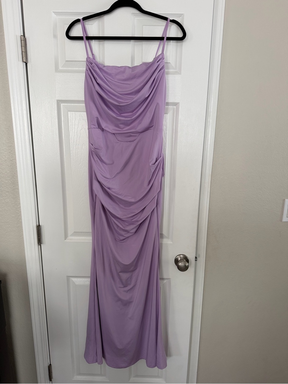 Lavender Ruched Spaghetti-Strap Maxi Dress